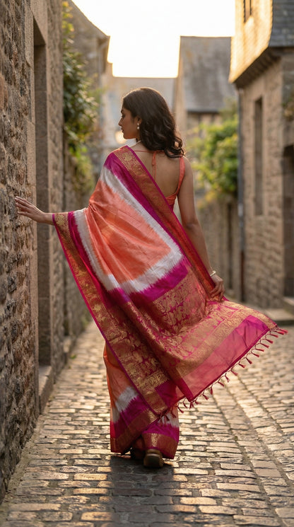 Woman in peach modal silk saree with pink Zari border and brocade pallu, walking down a cobblestone street.