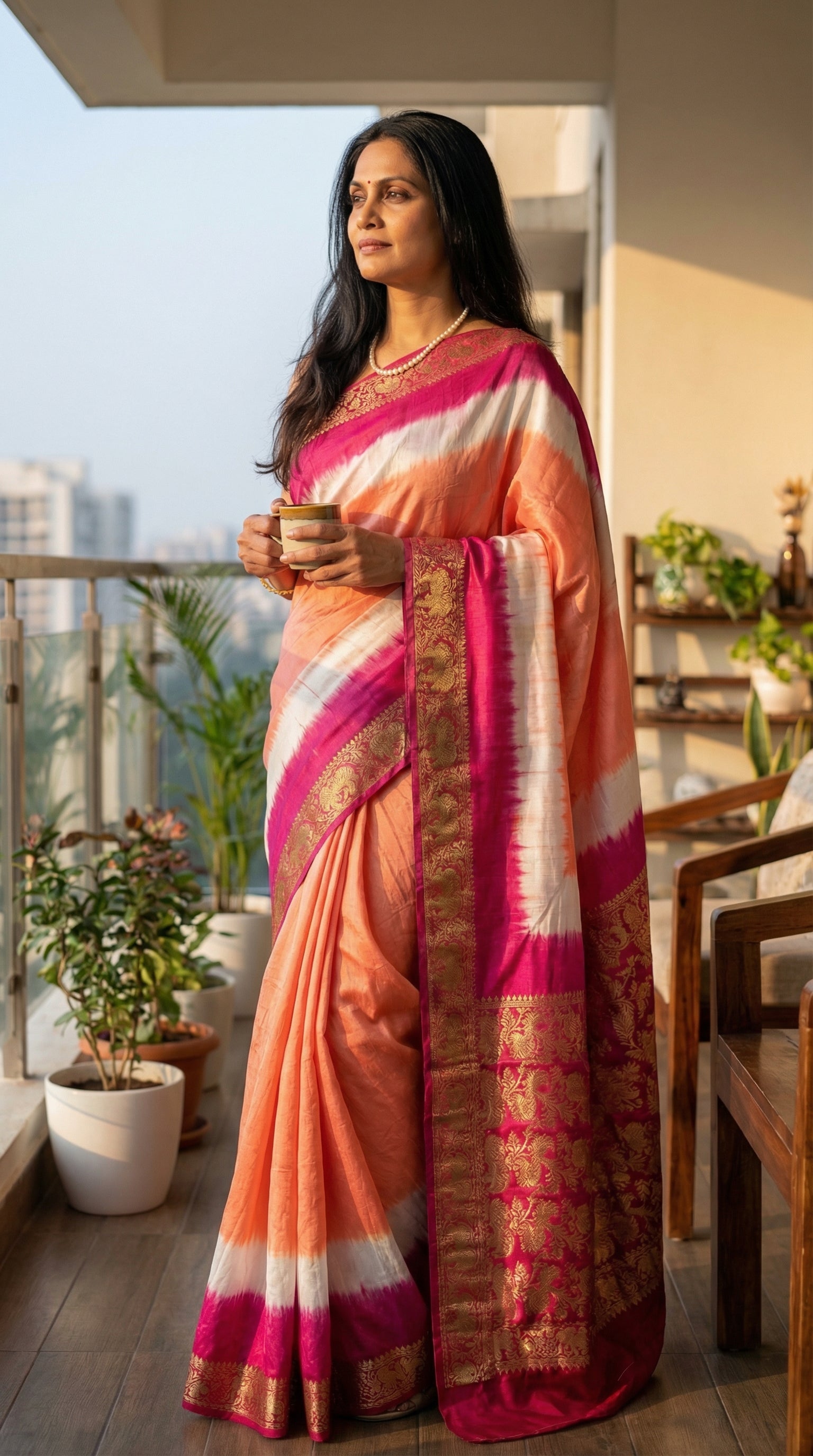 Woman in peach modal silk saree with pink Zari border and brocade pallu, holding a cup on a balcony with plants and furniture.
