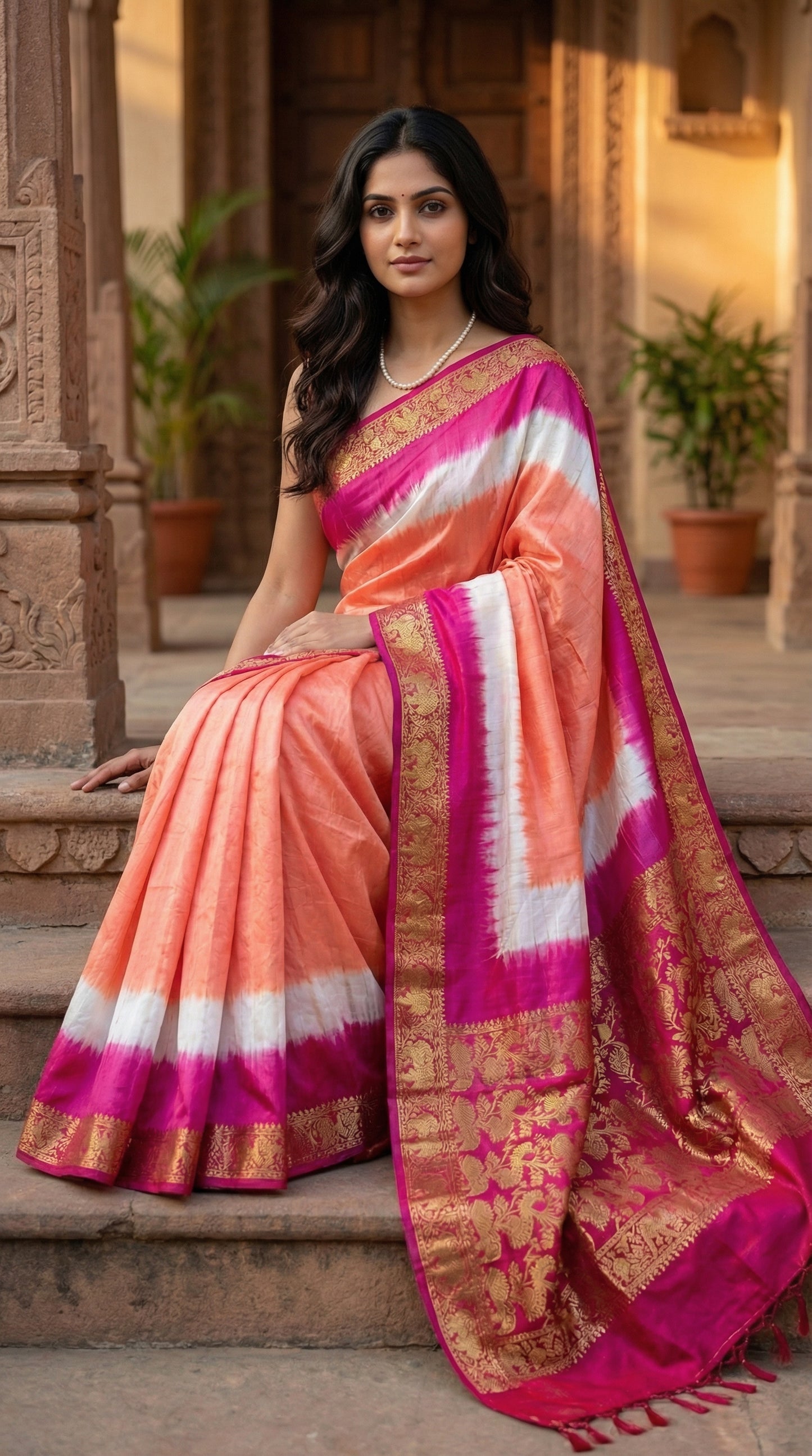 Woman in peach modal silk saree with pink Zari border and brocade pallu, sitting on steps outdoors