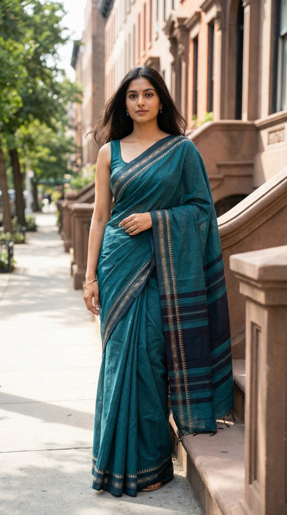 Woman wearing a peacock-green-mul-cotton-saree, standing on a city street.