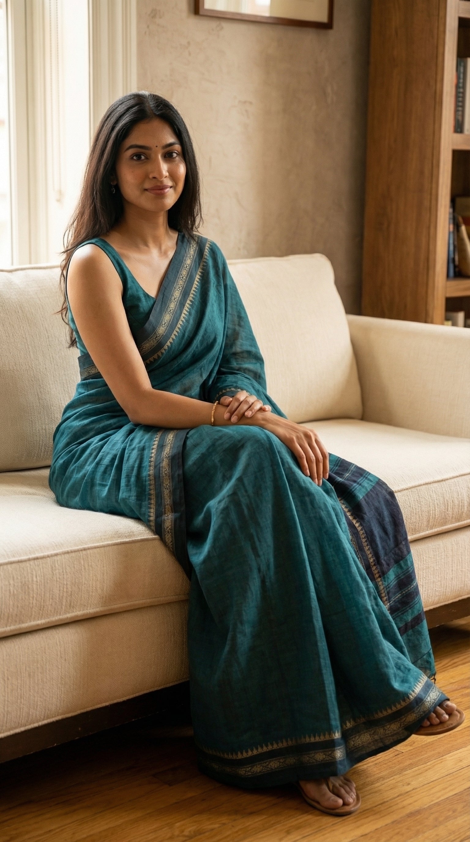 Woman wearing a peacock-green-mul-cotton-saree, sitting on a beige couch in a room with wooden flooring and a bookshelf.