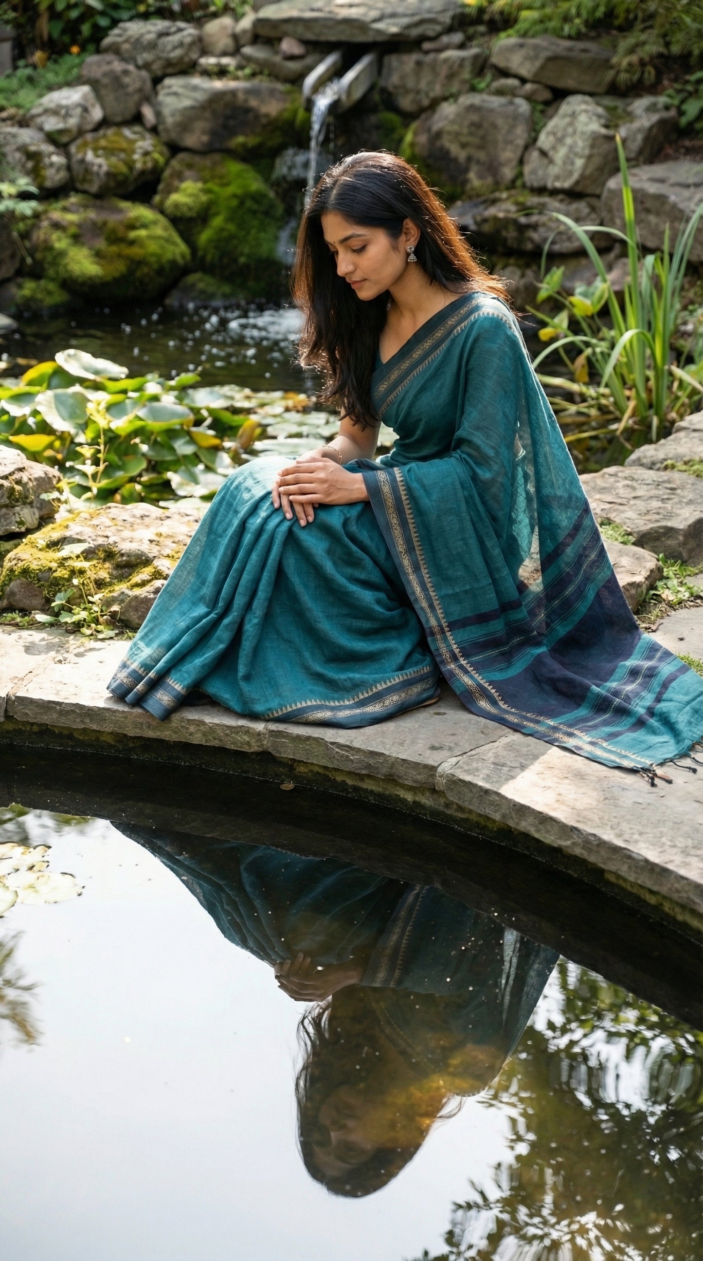 Woman wearing a peacock-green-mul-cotton-saree, sitting by a pond with a stone wall and waterfalls in the background