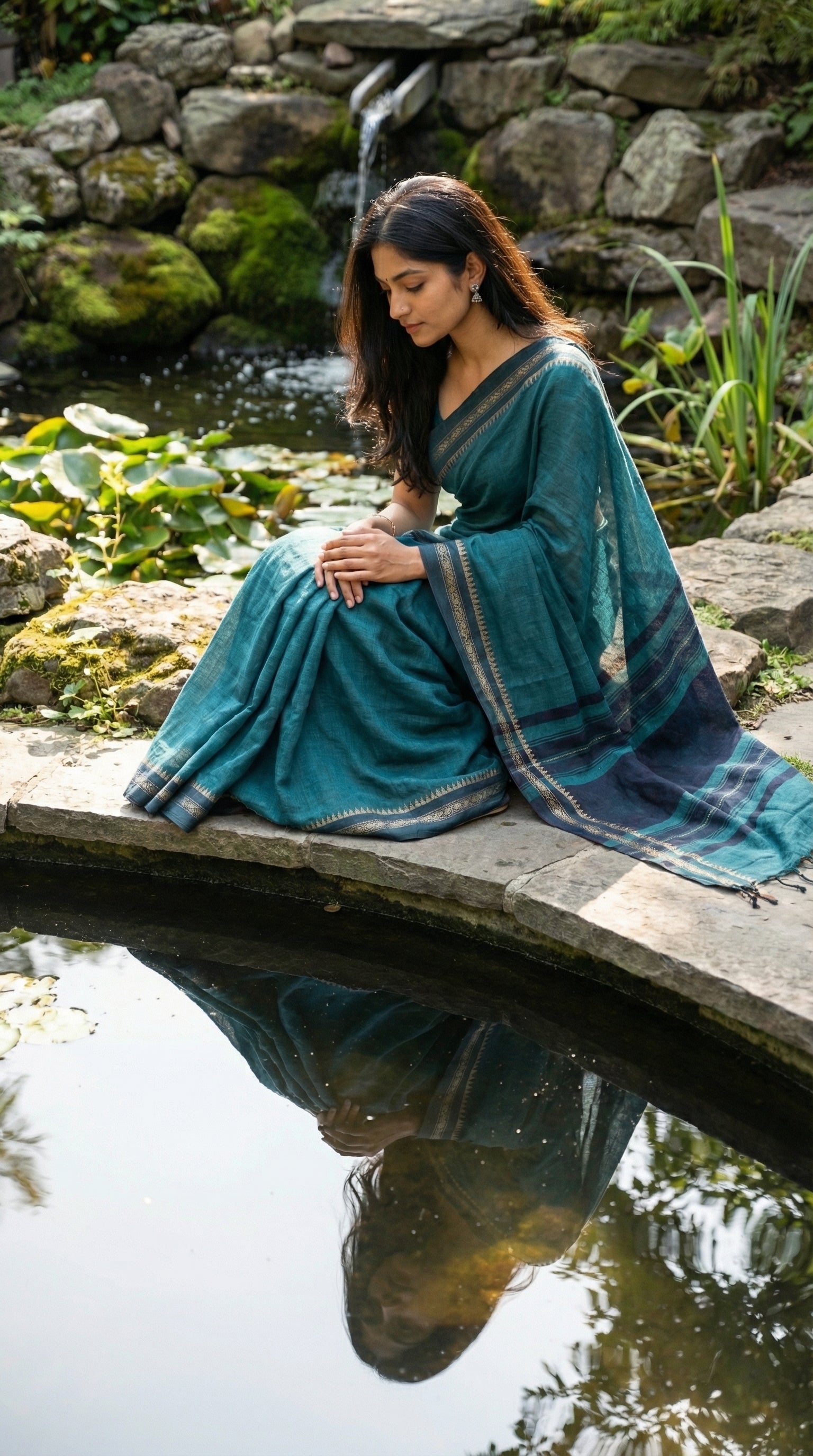 Woman wearing a peacock-green-mul-cotton-saree, sitting by a pond with a stone wall and waterfalls in the background