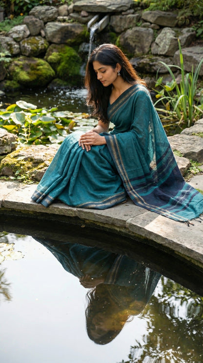 Woman wearing a peacock-green-mul-cotton-saree, sitting by a pond with a stone wall and waterfalls in the background