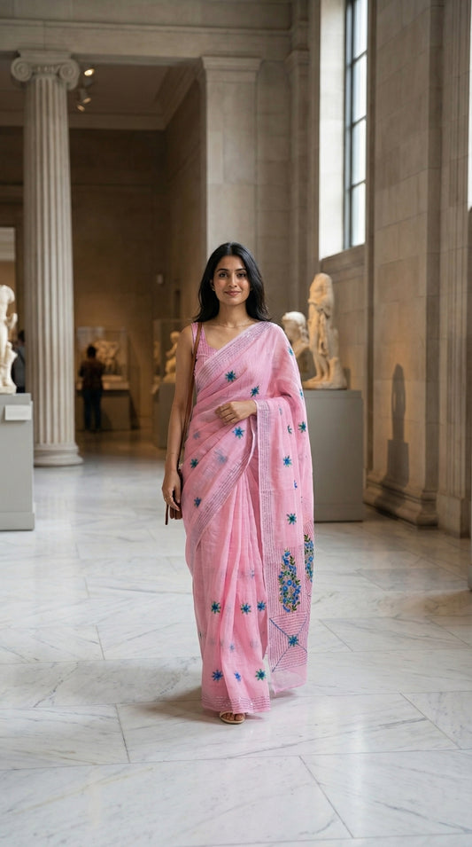 Woman in a pink-chanderi-kantha-saree, standing in an elegant indoor setting with classical architecture.