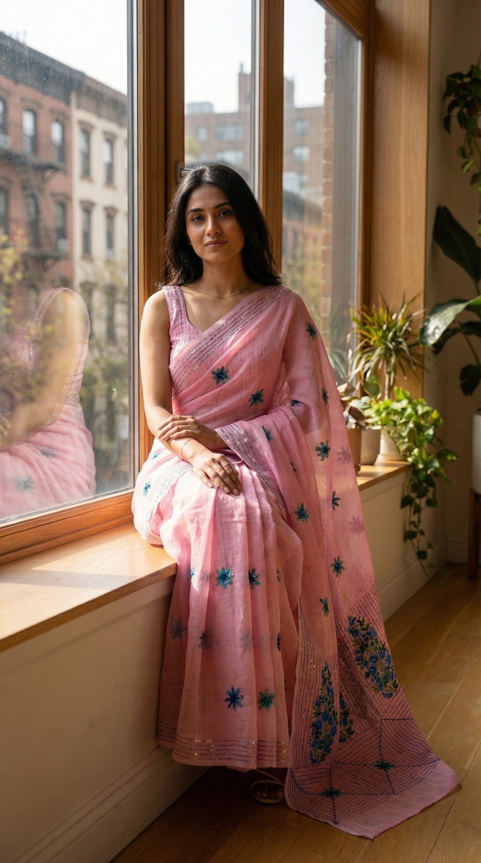 Woman in a pink-chanderi-kantha-saree, sitting by a window with a cityscape view.