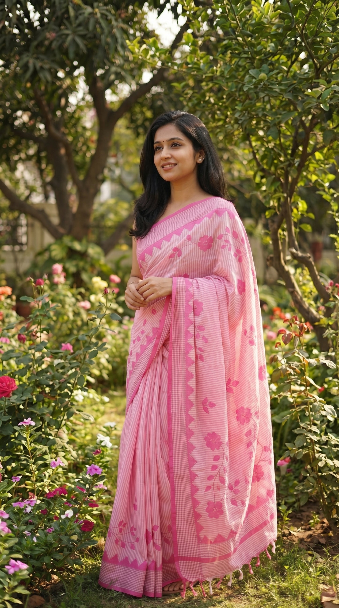 Woman in a pink-floral-cotton-applique-saree, standing in a garden with flowers and trees.