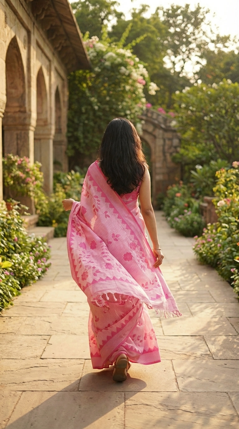 Woman in a pink-floral-cotton-applique-saree, walking along a garden path