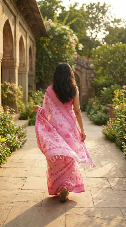 Woman in a pink-floral-cotton-applique-saree, walking along a garden path