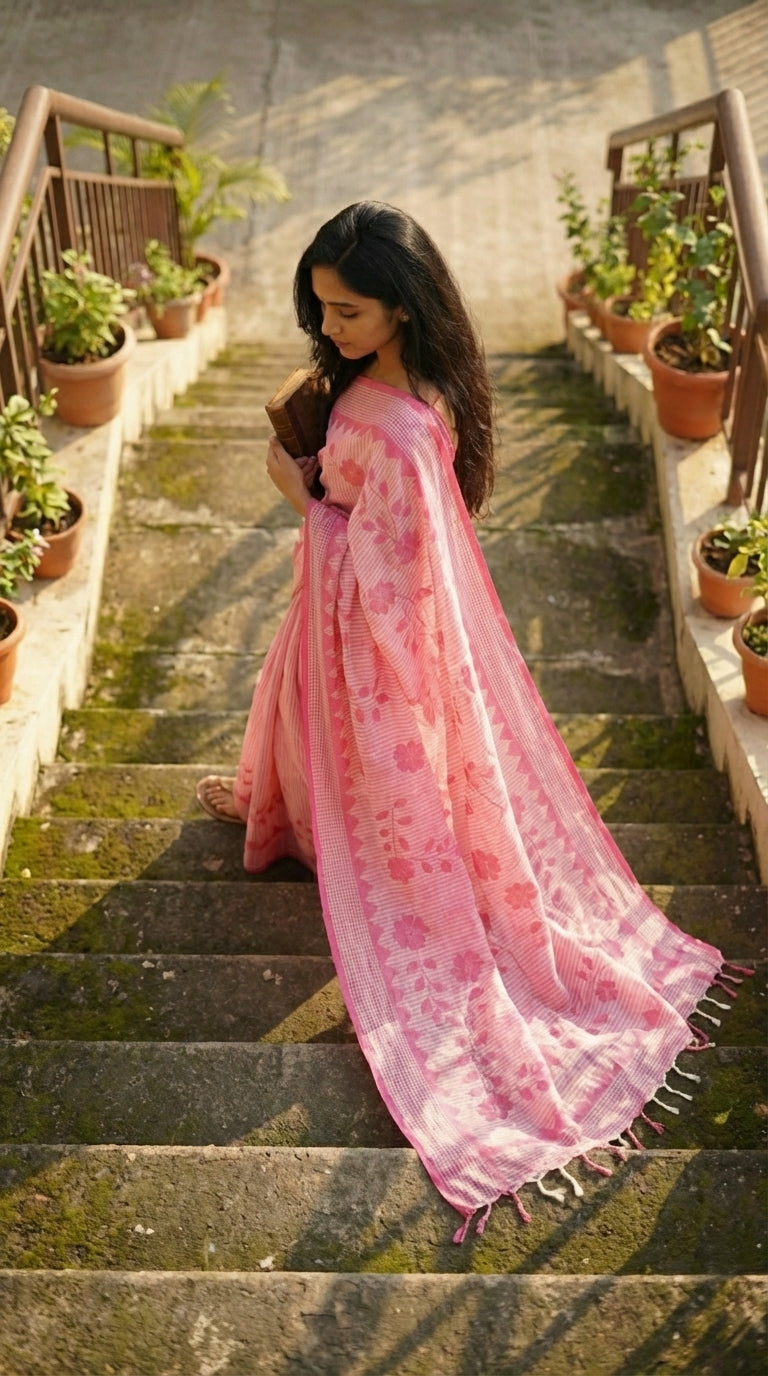 Woman in a pink-floral-cotton-applique-saree, standing on stone steps with plants around