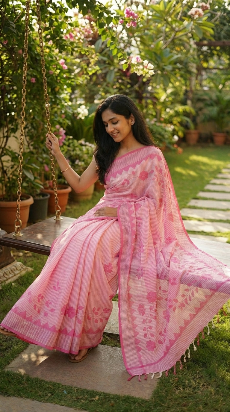 Woman in a pink-floral-cotton-applique-saree, sitting on a swing in a garden