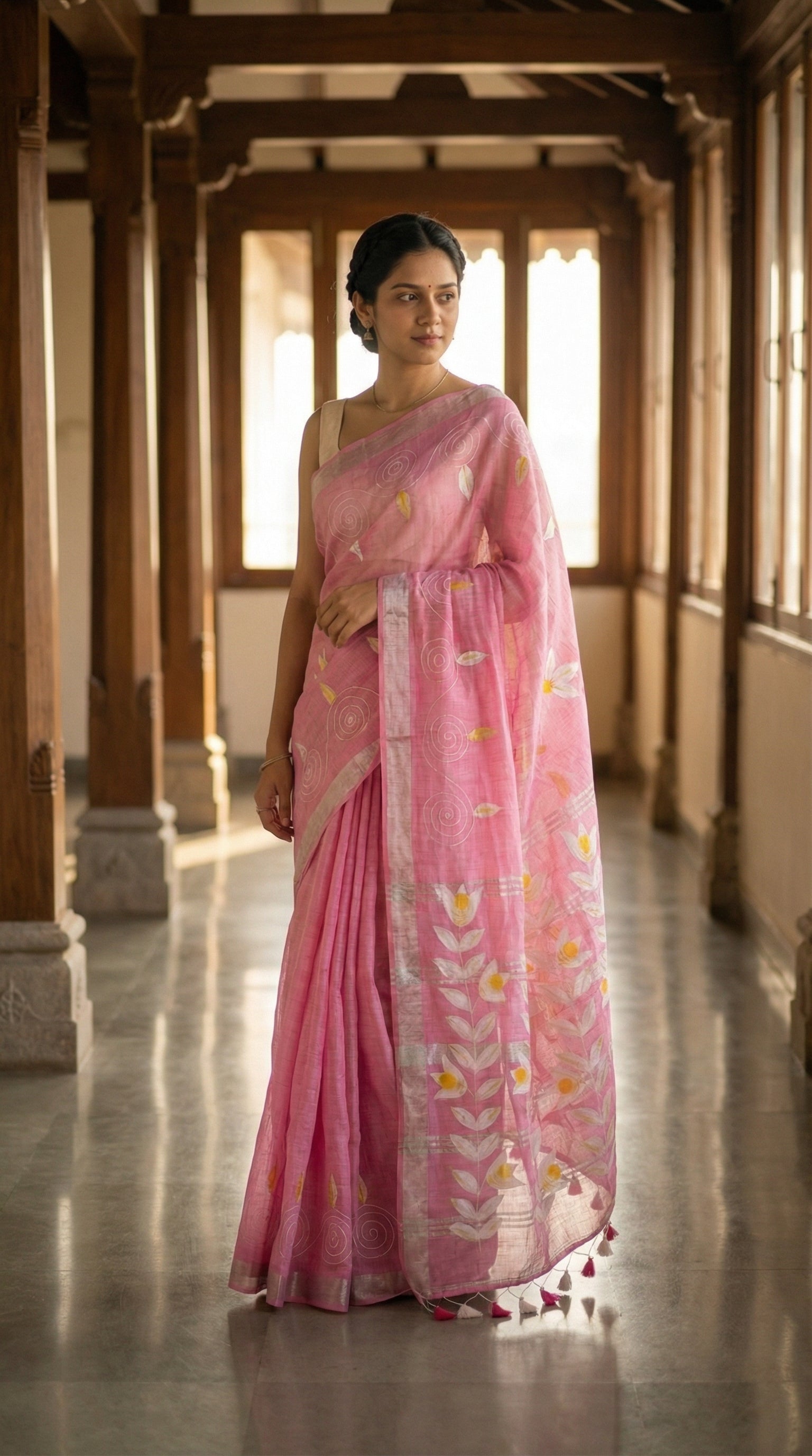 Woman in a pink hand painted cotton linen saree with floral motifs and tassel pallu, standing in a sunlit hallway.