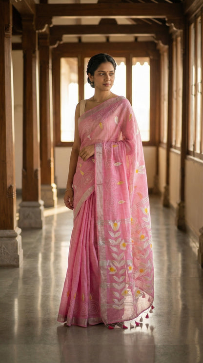 Woman in a pink hand painted cotton linen saree with floral motifs and tassel pallu, standing in a sunlit hallway.