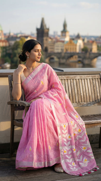 Woman in a pink hand painted cotton linen saree with floral motifs and tassel pallu, sitting on a bench with a cityscape in the background.