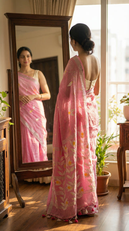 Woman in a pink hand painted cotton linen saree with floral motifs and tassel pallu, standing in front of a mirror in a well-lit room.