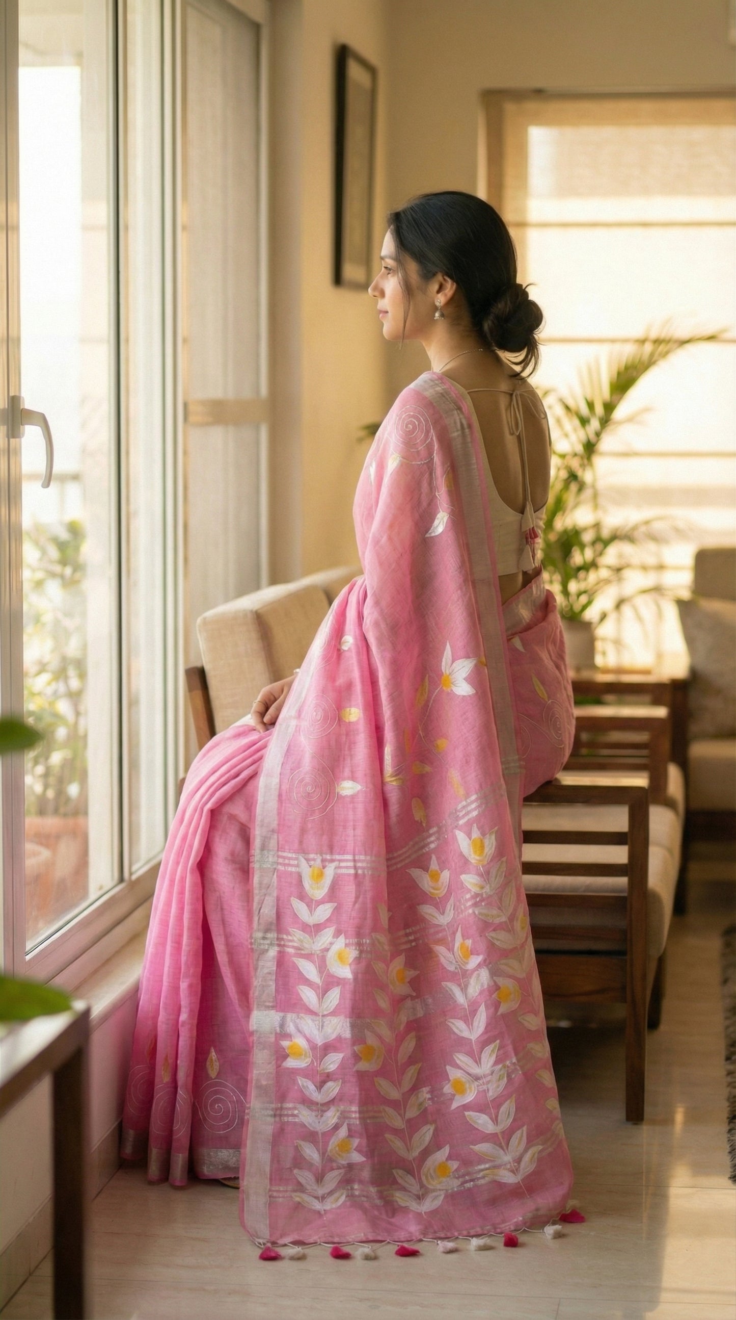 Woman in a pink hand painted cotton linen saree with floral motifs and tassel pallu, standing by a window.