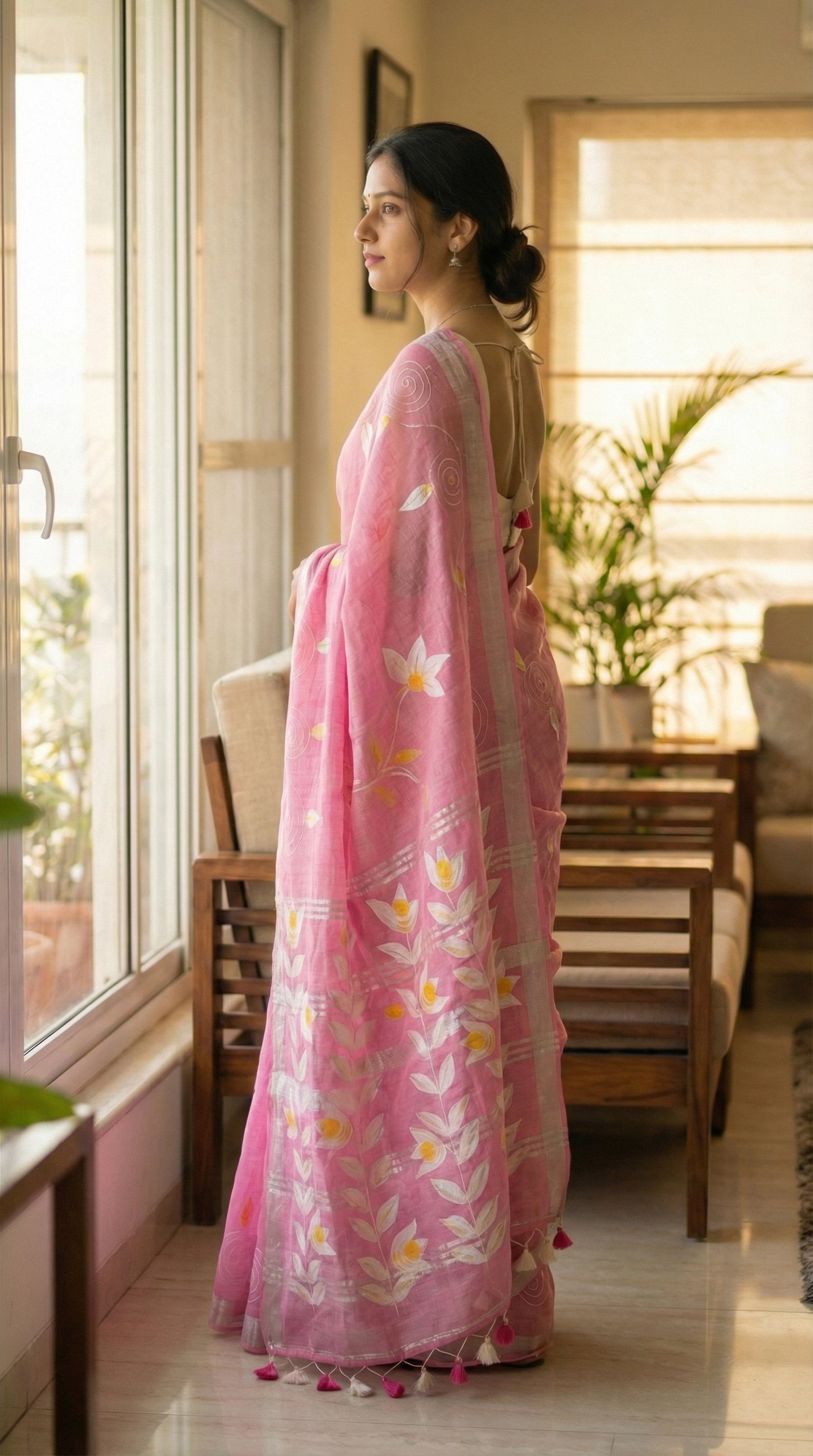 Woman in a pink hand painted cotton linen saree with floral motifs and tassel pallu, standing in a room with large windows and furniture.