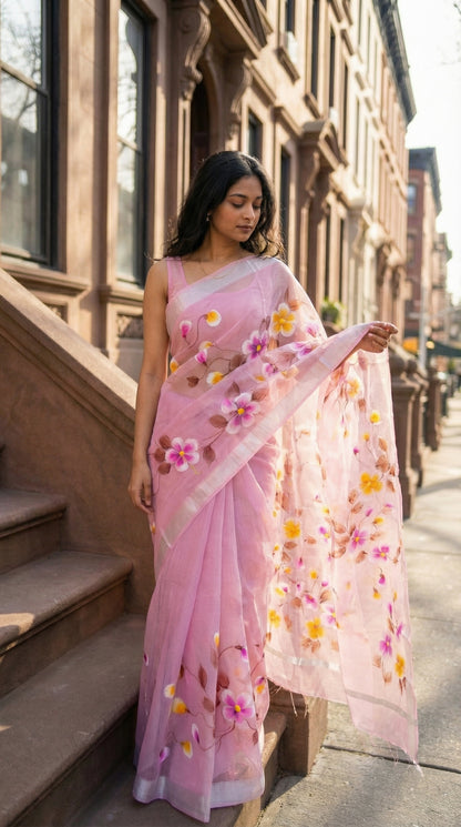 Woman in a pink-kota-doria-hand-painted-saree, standing on a city street.