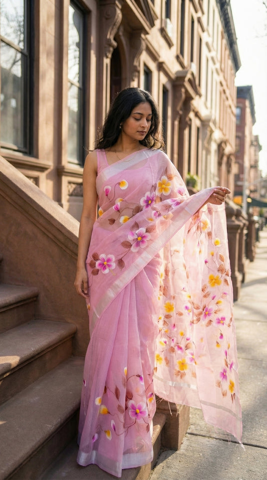 Woman in a pink-kota-doria-hand-painted-saree, standing on a city street.
