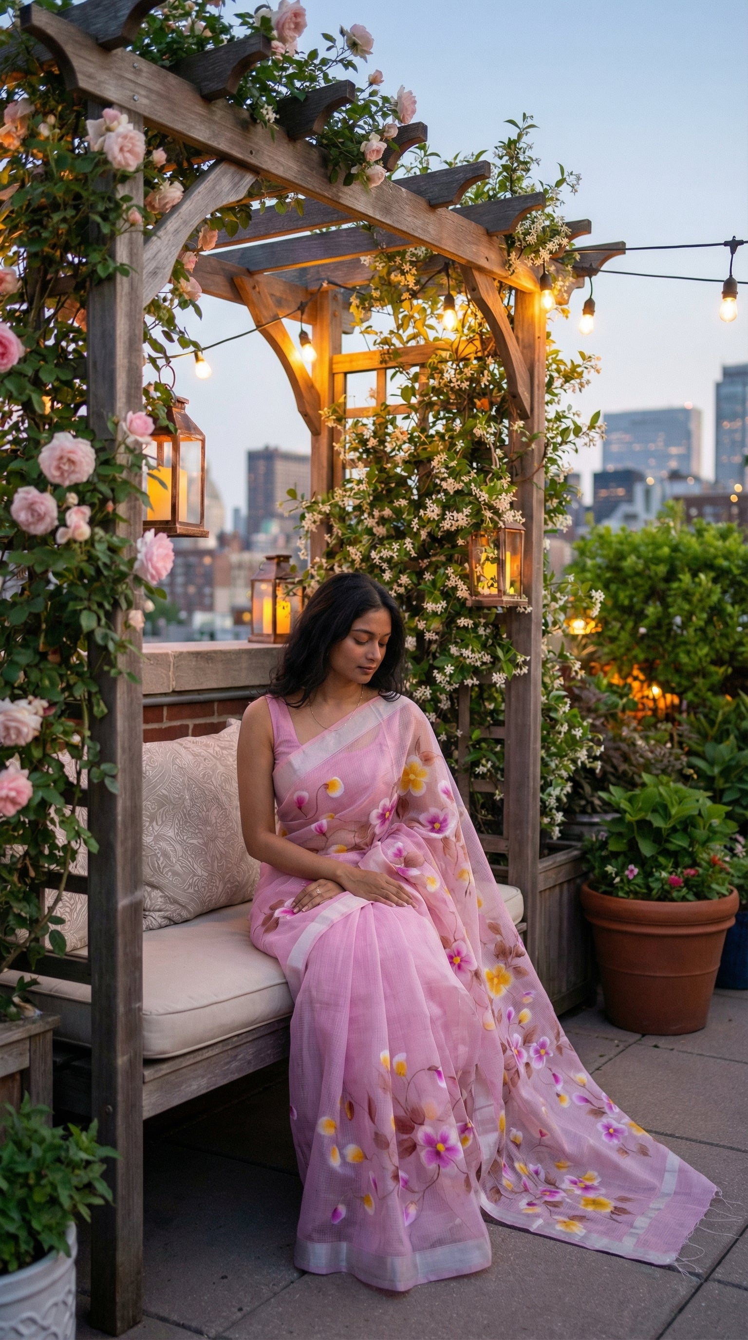 Woman in a pink-kota-doria-hand-painted-saree, sitting on a rooftop with decorative arch and cityscape in the background