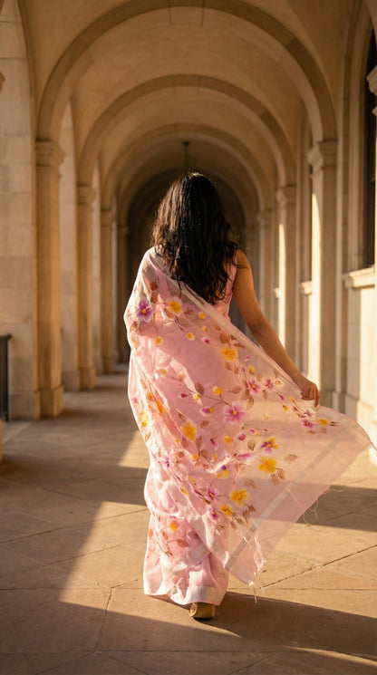 Woman in a pink-kota-doria-hand-painted-saree, walking through an archway with sunlight casting shadows.