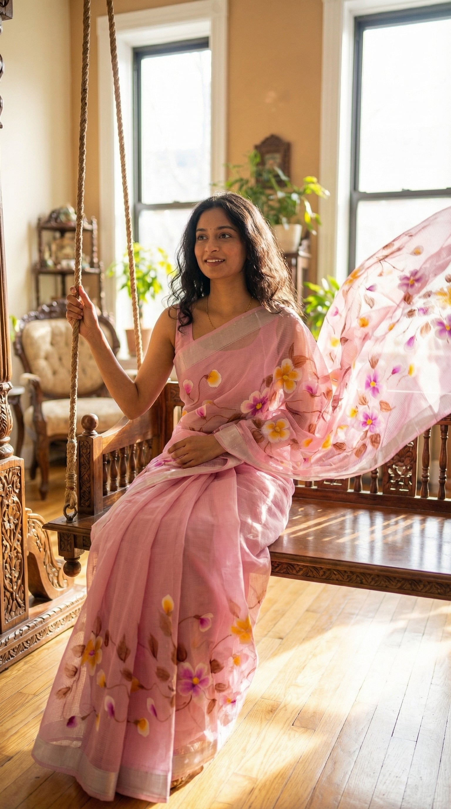Woman in a pink-kota-doria-hand-painted-saree, sitting on a swing indoors.