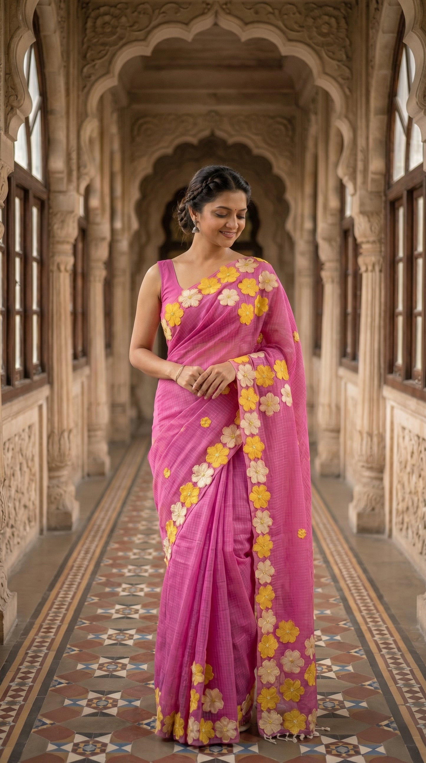 Woman in a pink-mirror-work-kota-saree, standing in an architectural setting.