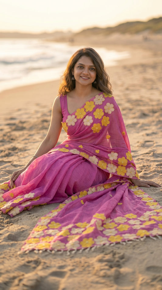 Woman in a pink-mirror-work-kota-saree, sitting on a beach at sunset