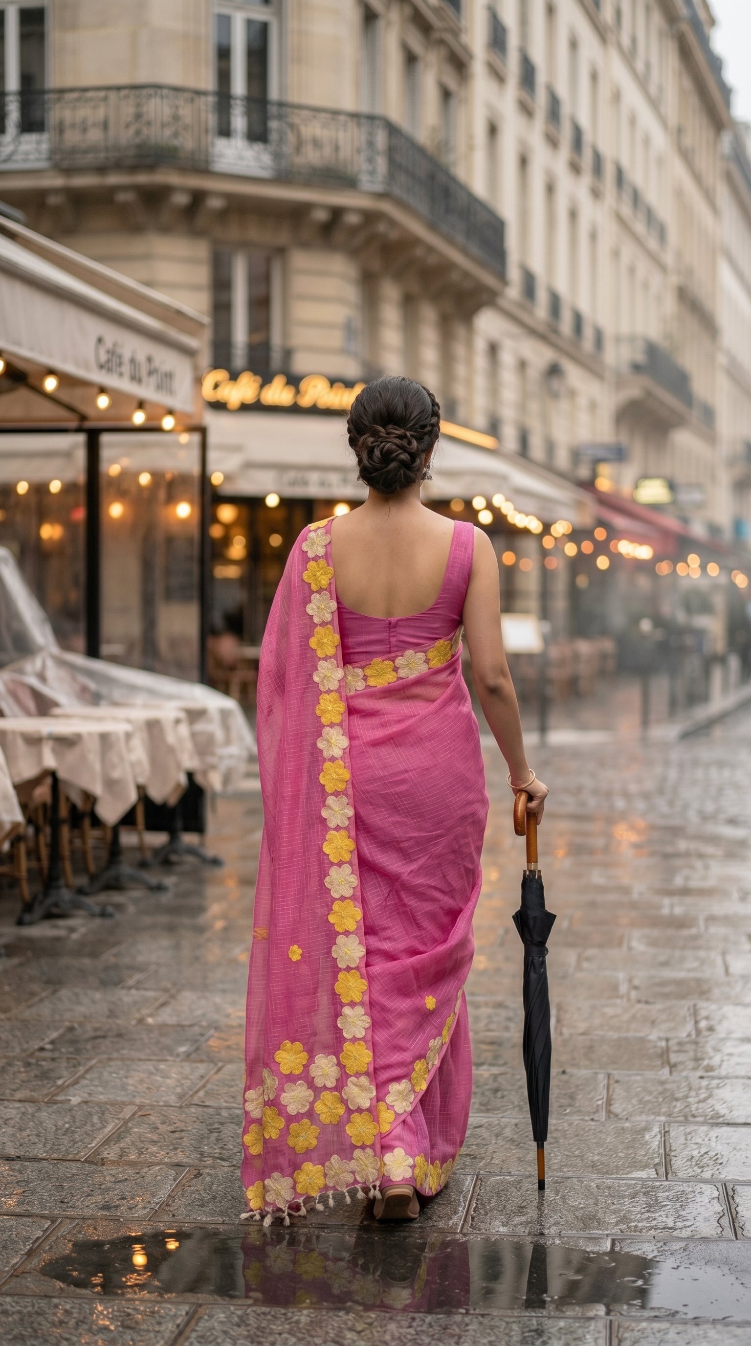 Woman in a pink-mirror-work-kota-saree, walking on a rain-soaked street in an urban setting.
