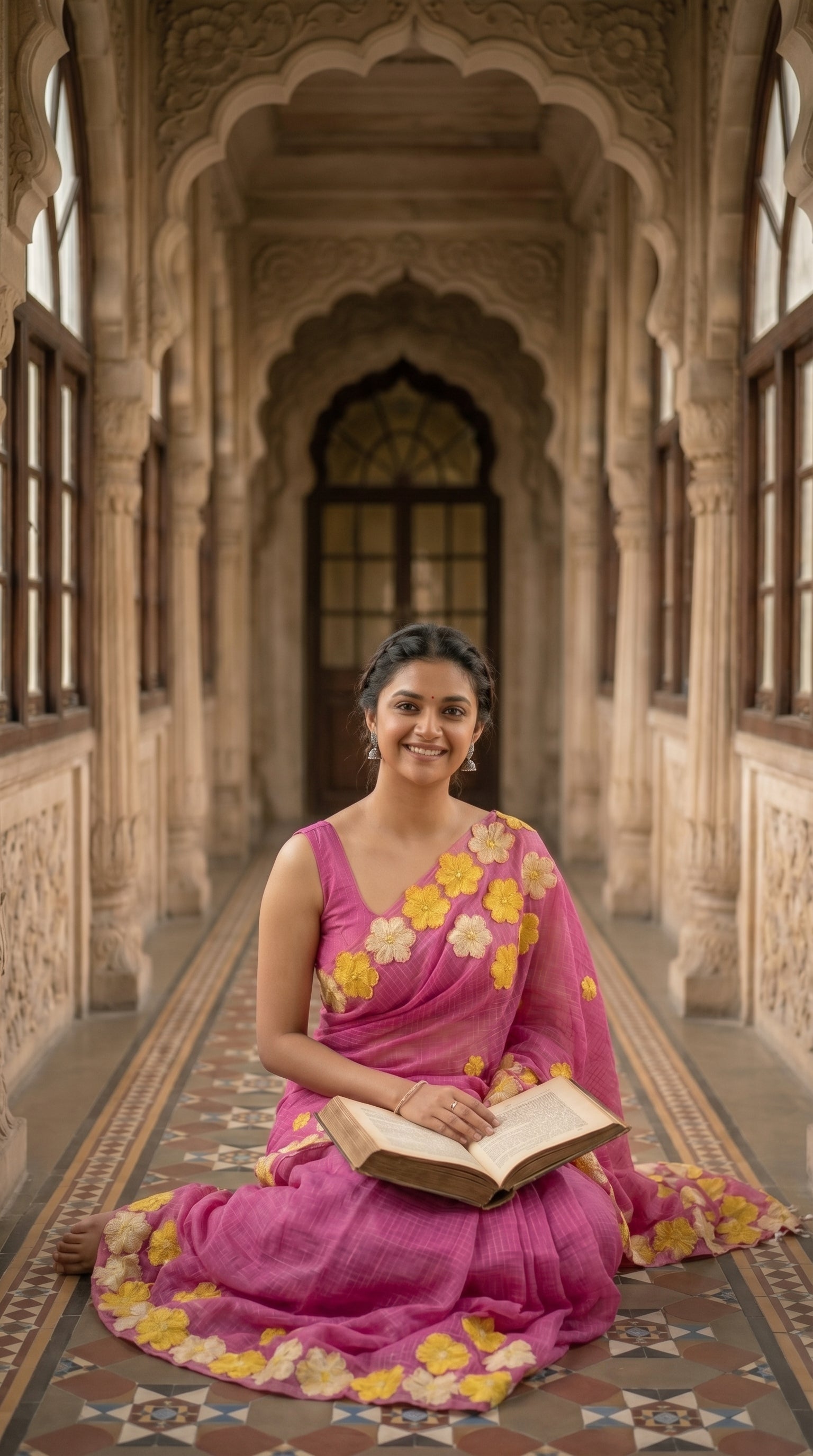 Woman in a pink-mirror-work-kota-saree, sitting on a patterned floor in an ornate corridor.