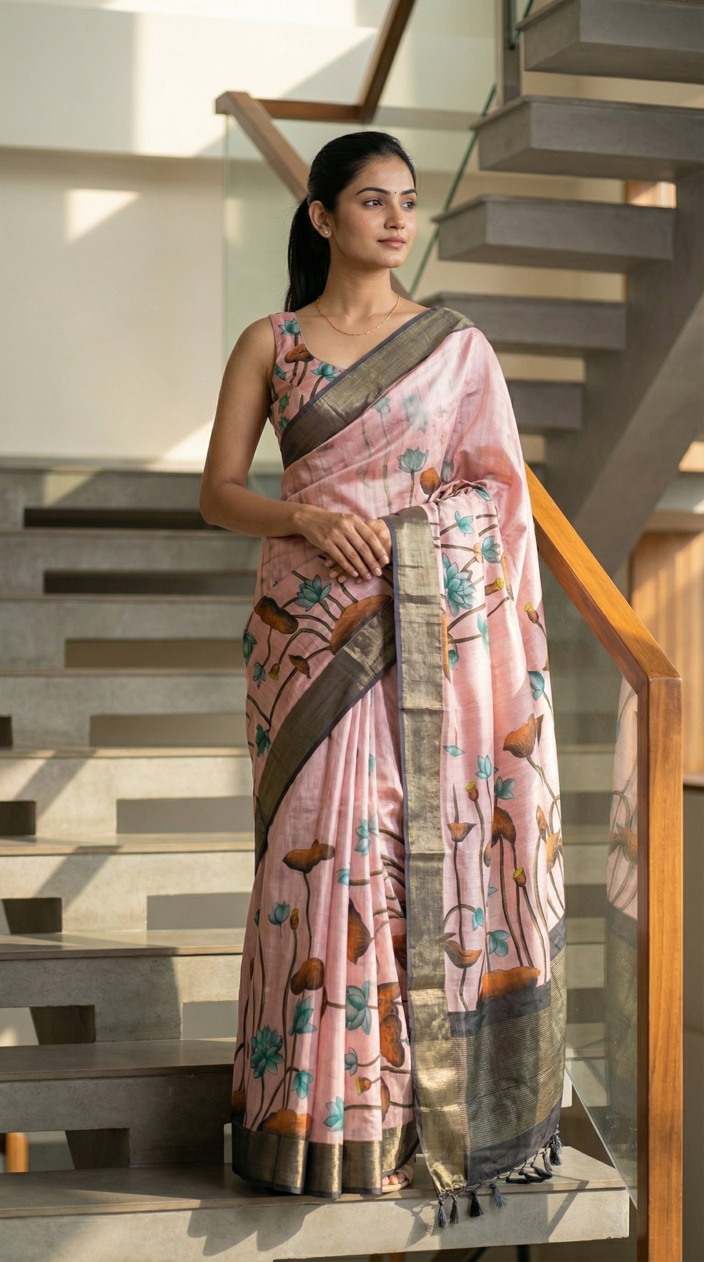 Woman in a pink-viscose-silk-grey-floral-saree, standing on a staircase.