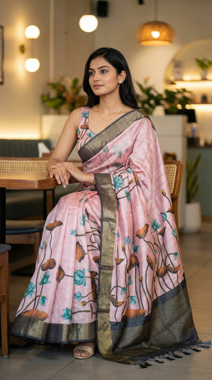 Woman in a pink-viscose-silk-grey-floral-saree, sitting in a restaurant.