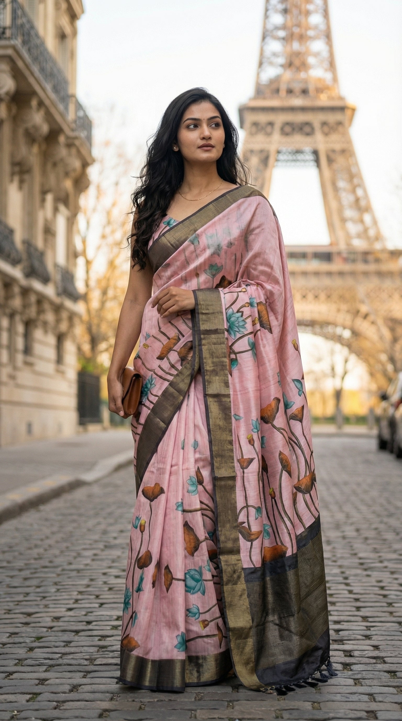 Woman in a pink-viscose-silk-grey-floral-saree, standing in front of the Eiffel Tower.