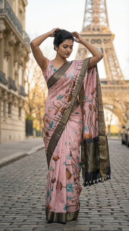 Woman in a pink-viscose-silk-grey-floral-saree, standing in front of the Eiffel Tower.