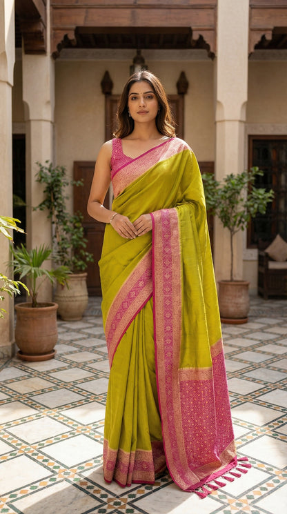 Woman in a Green Pochampally silk saree with traditional ikat weave and shimmering Zari border, standing in an indoor setting with plants and furniture.
