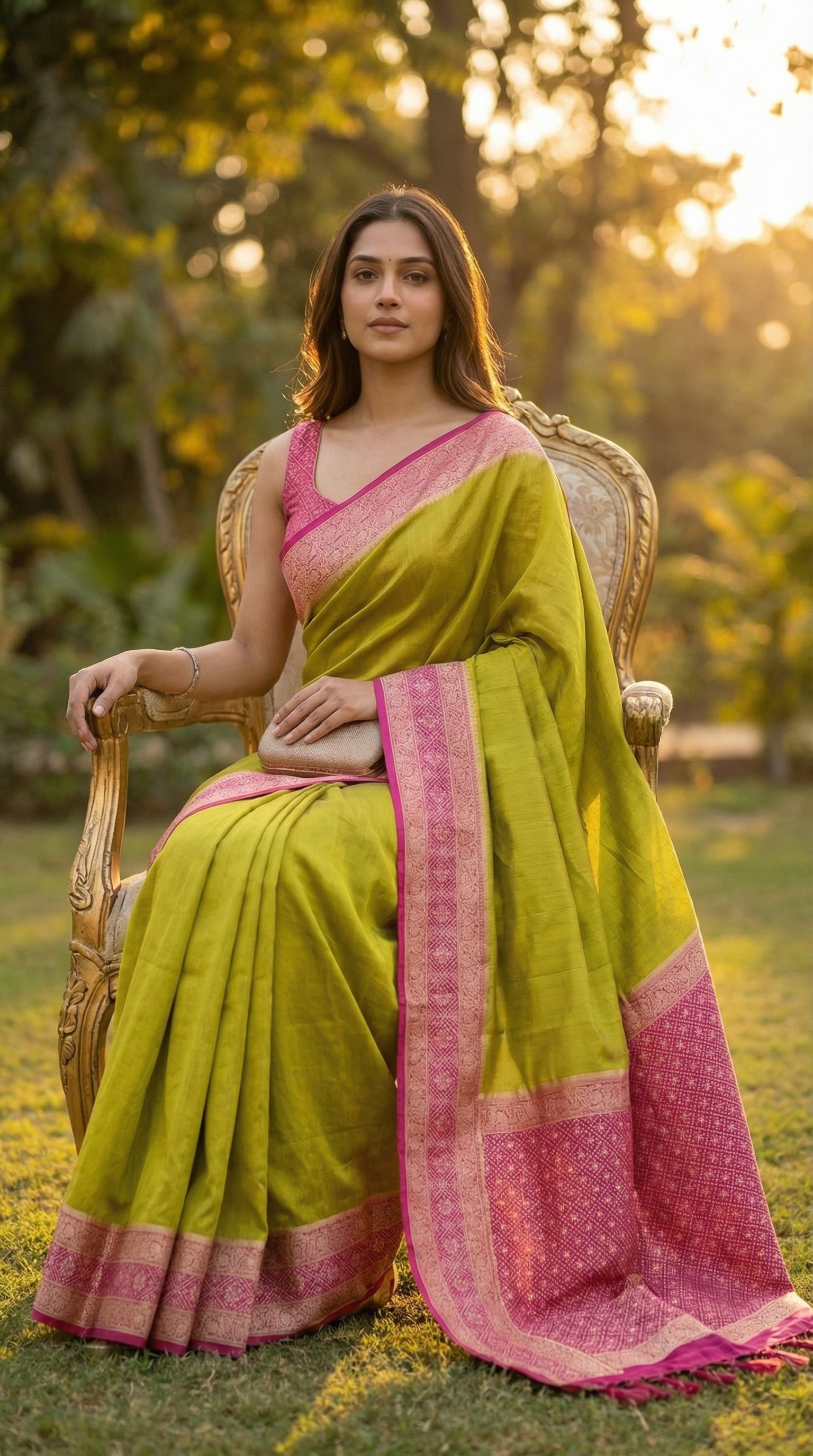 Woman in a Green Pochampally silk saree with traditional ikat weave and shimmering Zari border, sitting outdoors with trees in the background.