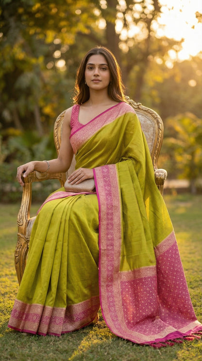 Woman in a Green Pochampally silk saree with traditional ikat weave and shimmering Zari border, sitting outdoors with trees in the background.