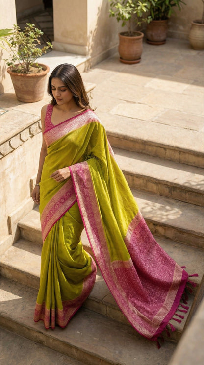 Woman in a Green Pochampally silk saree with traditional ikat weave and shimmering Zari border, standing on stone steps with plants in the background.