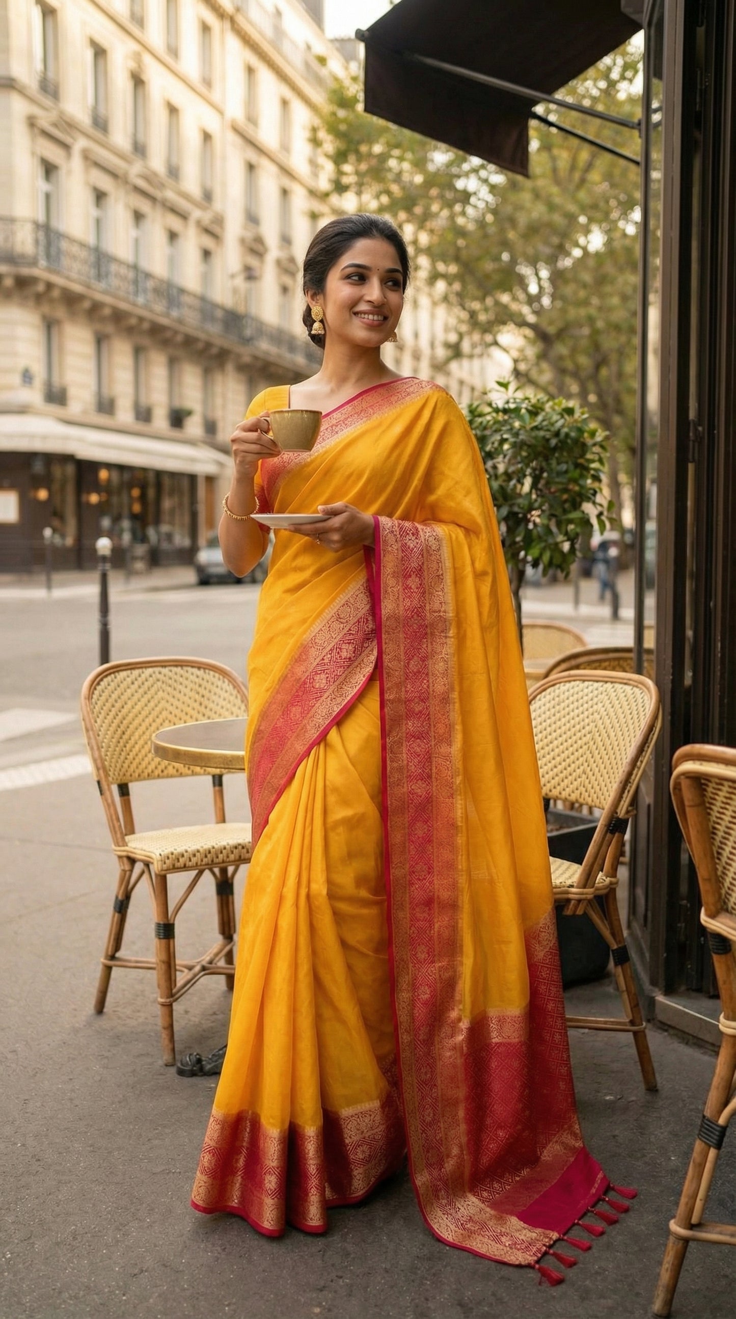 Woman in a bright yellow Pochampally silk saree with geometric ikat patterns and rich gold Zari border, holding a cup outdoors.