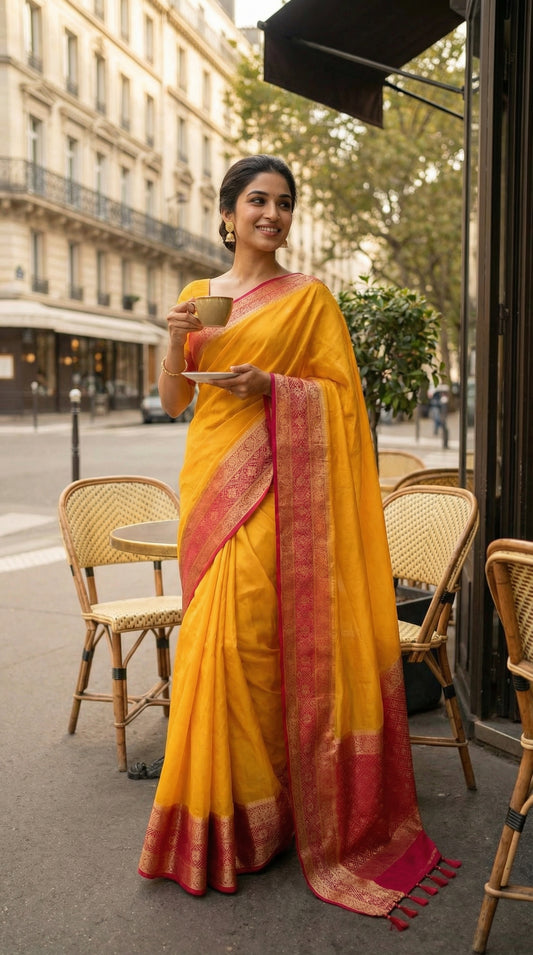 Woman in a bright yellow Pochampally silk saree with geometric ikat patterns and rich gold Zari border, holding a cup outdoors.