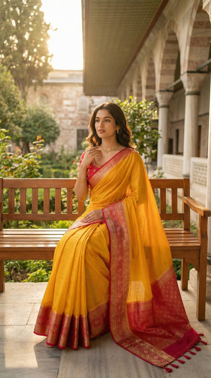 Woman in a bright yellow Pochampally silk saree with geometric ikat patterns and rich gold Zari border, sitting on a bench outdoors.