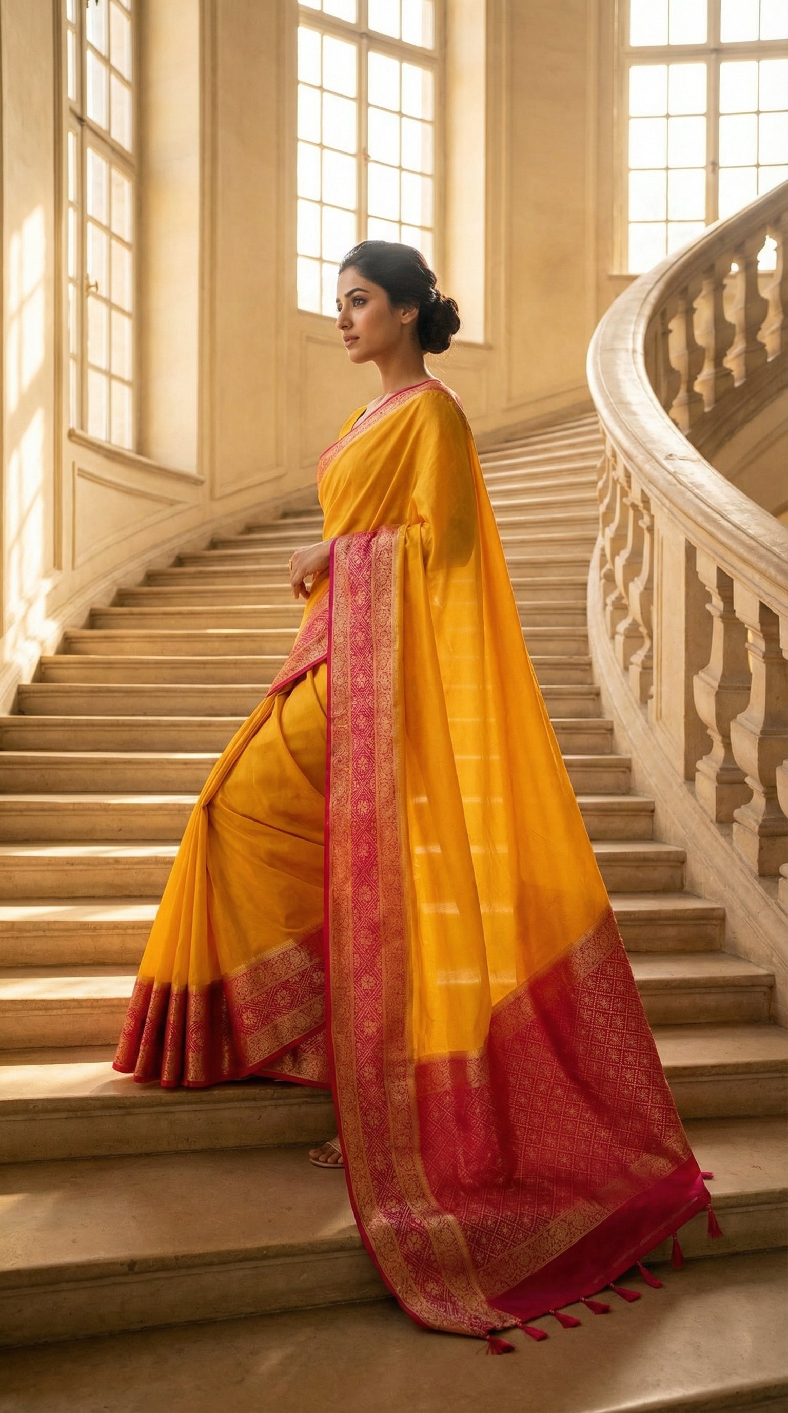 Woman in a bright yellow Pochampally silk saree with geometric ikat patterns and rich gold Zari border, standing on a staircase with large windows in the background.