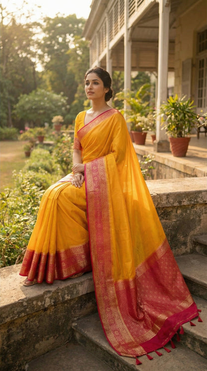 Woman in a bright yellow Pochampally silk saree with geometric ikat patterns and rich gold Zari border, sitting on steps outdoors.