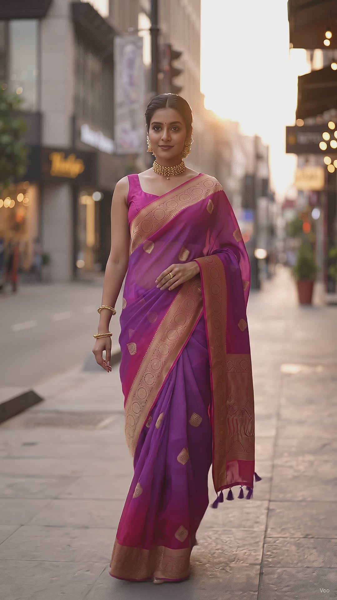 A full-length front portrait of a woman walking gracefully on a street and taking a swirl, beautifully displaying the structured royal drape, golden buttis, and detailed pink zari border of her purple handloom saree