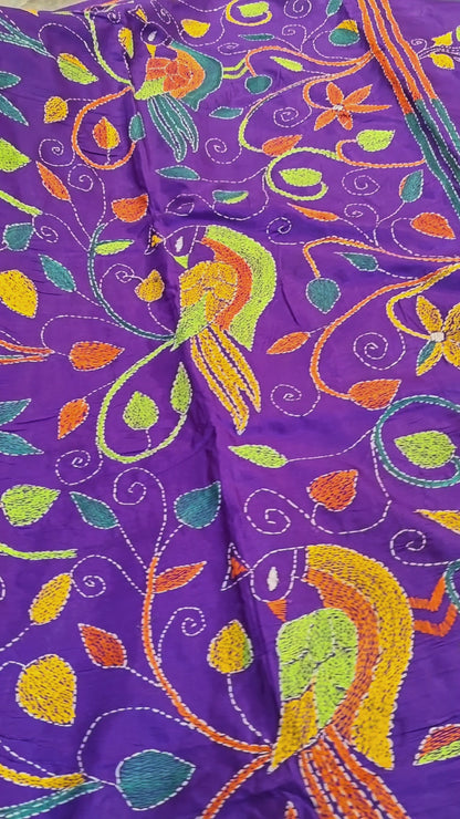 Pure Silk Saree with Kantha-Stitched - Purple