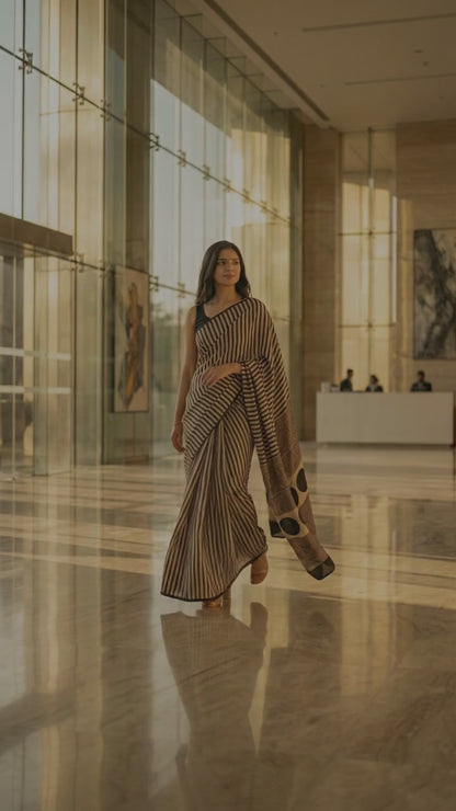 Beige & Black Modal Silk Striped Saree with Ajrakh Inspired Pallu – Artistic & Timeless