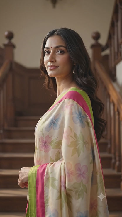 Cream Pastel Floral Silk Saree with Magenta and Green Border