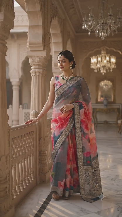 Pure Chinon Saree with Vibrant Digital Prints and Hand Work - Grey