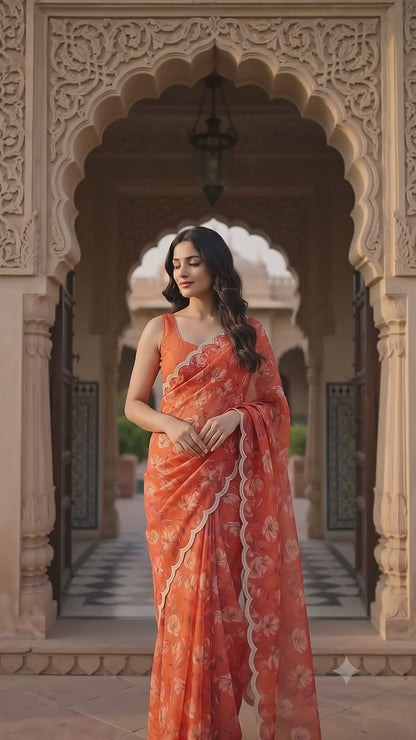 Burnt Orange Floral Silk Chiffon Saree with Golden Scalloped Lace