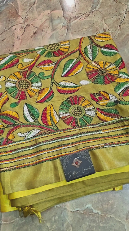 Pure Silk Saree with Kantha-Stitched - Yellow